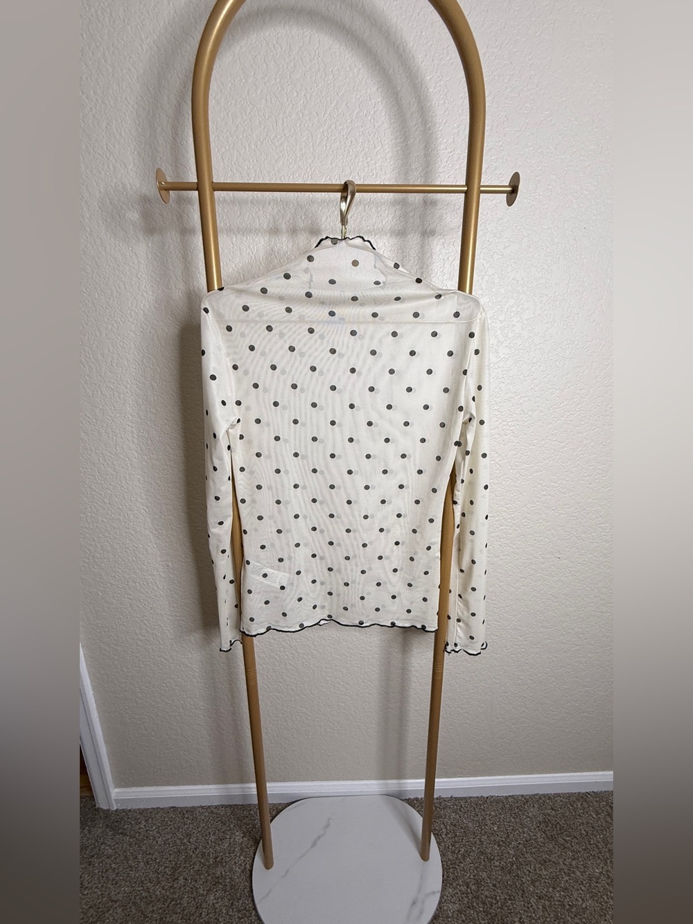 Cream Polka Dot Mock Neck Long Sleeve Top